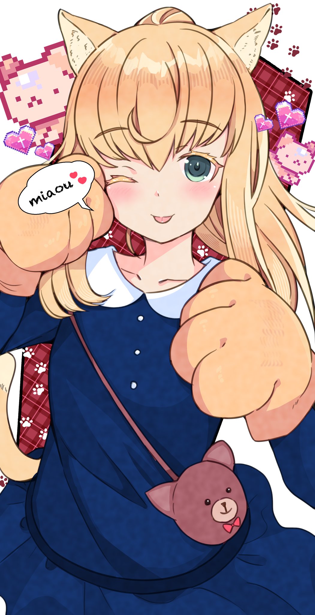1girl, alice_gear_aegis, animal_ears, animal_hands, blonde_hair, cat_ears, cat_paws, green_eyes