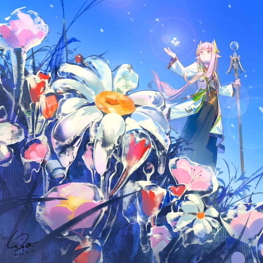 1girl, absurdres, arknights, artist_name, black_choker, black_skirt, blue_background, choker