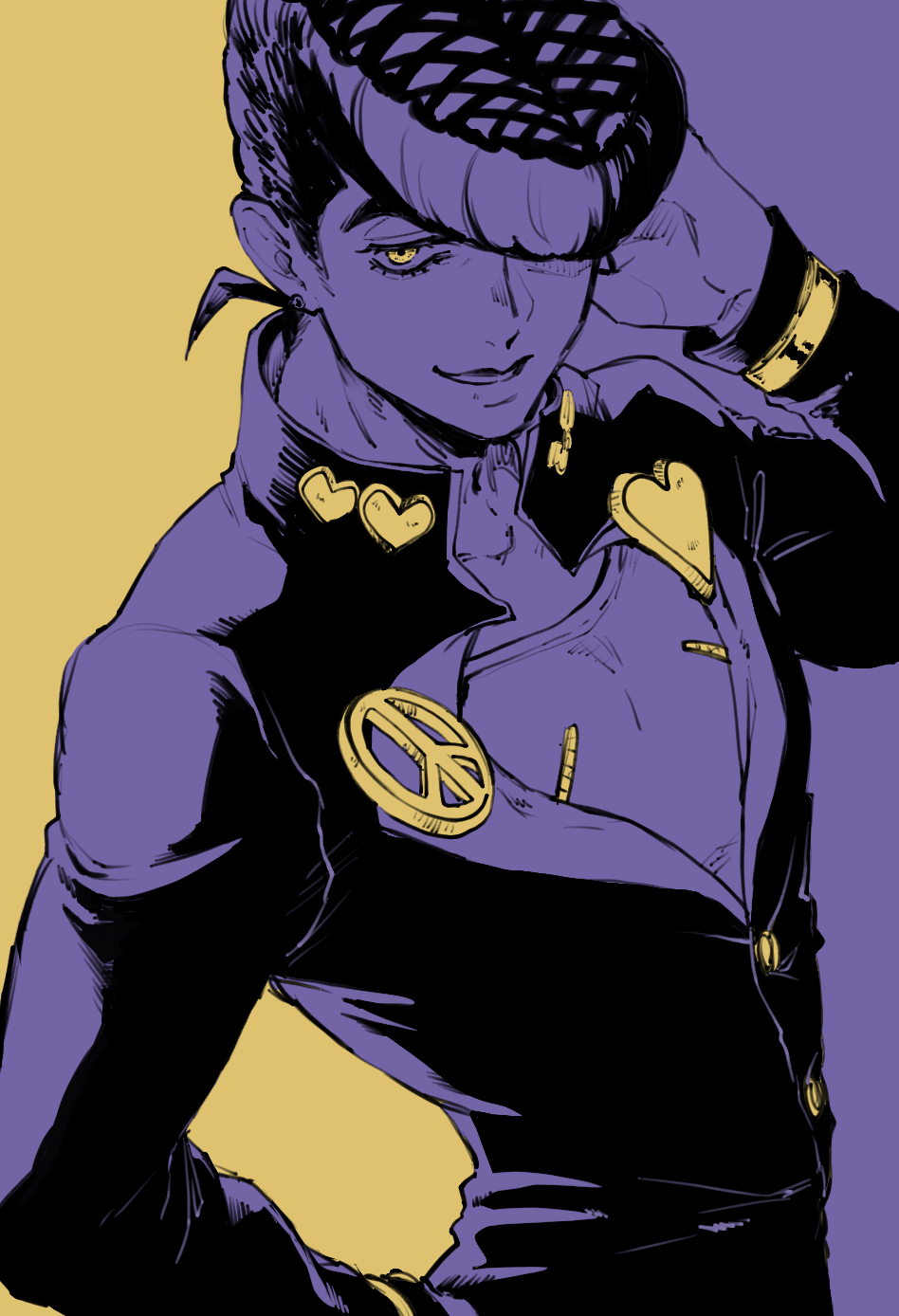 1boy, diamond_wa_kudakenai, gakuran, hair_over_one_eye, hand_on_own_thigh, heart_pin, higashikata_josuke, highres