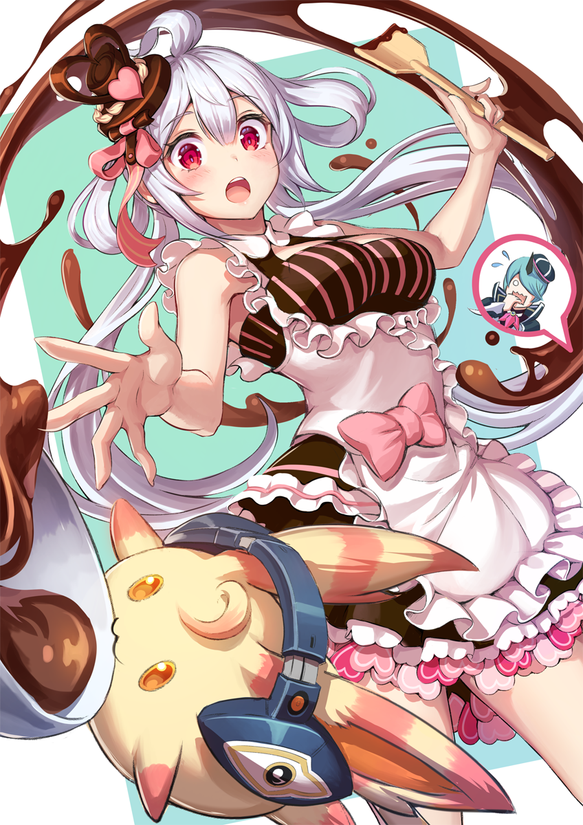 1girl, ahoge, apron, bow, brown_dress, chocolate, chocolate_hair_ornament, cowboy_shot