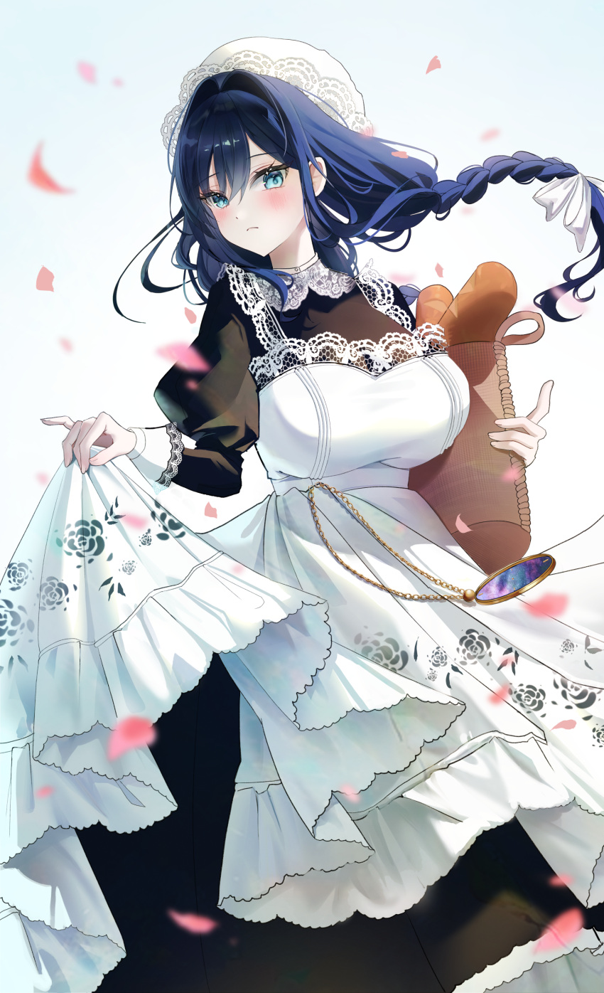 1girl, absurdres, apron, blue_eyes, blue_hair, braid, hair_intakes, hare_(hare_1730), highres, hololive, hololive_english, low_twin_braids, maid, maid_apron, official_alternate_costume, official_alternate_hairstyle, ouro_kronii, ouro_kronii_(maid), solo, twin_braids, victorian_maid, virtual_youtuber, white_apron