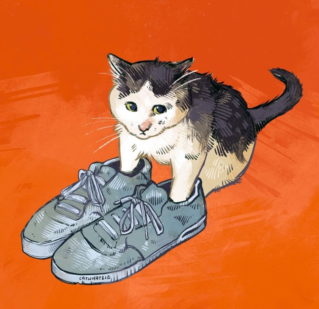 animal_focus, artist_name, cat, catwheezie, commentary, hands_in_shoes, looking_to_the_side, no_humans
