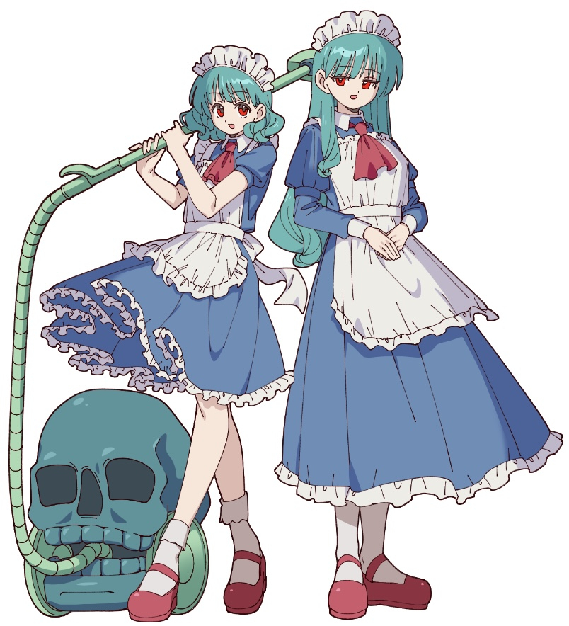 2girls, apron, blue_hair, bobby_socks, castlevania_(series), chomo_(kdeko), dress, maid, maid_apron, maid_headdress, mary_janes, multiple_girls, open_mouth, persephone_(castlevania), red_eyes, red_shoes, shoes, skull, socks, vacuum_cleaner, white_socks