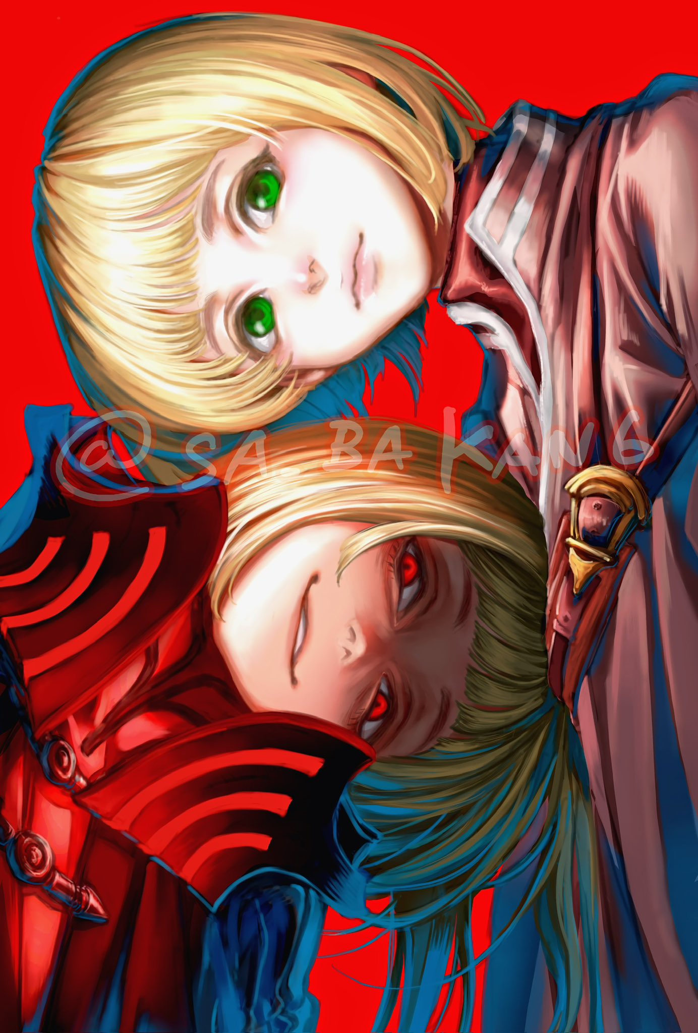 1boy, 1girl, blonde_hair, child, drag-on_dragoon, drag-on_dragoon_1, evil_grin, evil_smile