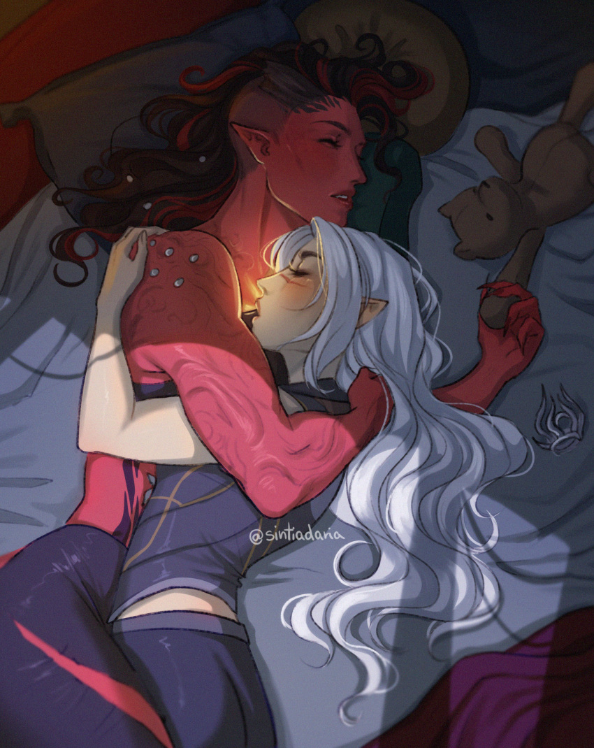 2girls, absurdres, asymmetrical_hair, baldur's_gate, baldur's_gate_3, bed, broken_horn, closed_eyes, colored_skin, cuddling, demon_girl, demon_horns, dungeons_&amp;_dragons, elf, glowing_chest, hair_down, highres, horns, karlach, multiple_girls, muscular, muscular_female, pointy_ears, red_skin, shadowheart_(baldur's_gate), sidecut, sintiadaria, sleeping, studs, stuffed_animal, stuffed_toy, tiefling, undercut, wavy_hair, yuri