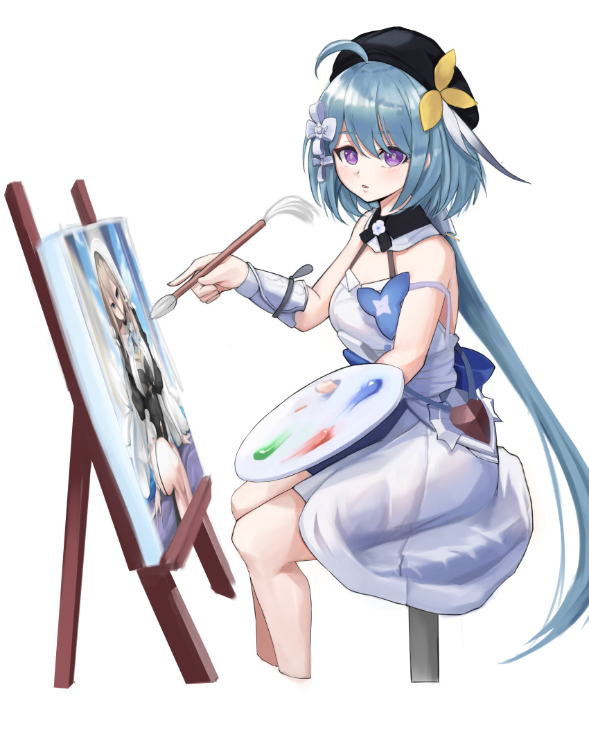 1girl, absurdres, ahoge, aponia_(honkai_impact), beret, blue_hair, breasts, commentary_request