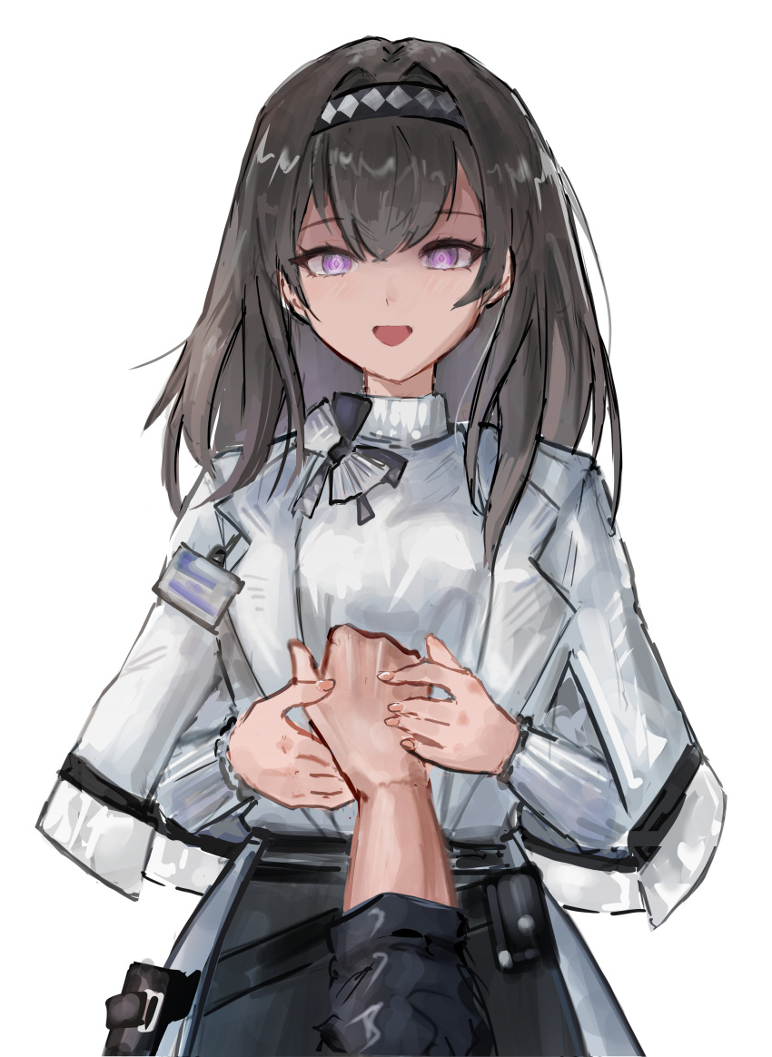 1girl, :d, absurdres, arknights, black_hair, black_hairband, grey_hairband, hairband