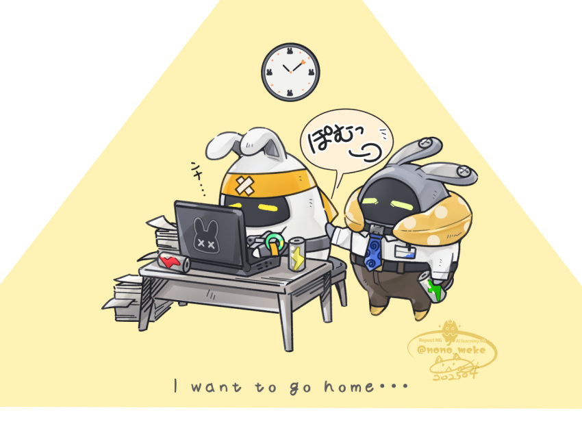 1boy, 1other, artist_name, asaba_harumasa, asaboo_(zenless_zone_zero), black_pants, blue_necktie, can, clock, closed_eyes, commentary, computer, drink_can, english_text, headband, laptop, mixed-language_text, neck_pillow, necktie, no_humans, overtimeboo_(zenless_zone_zero), pants, qoo1234, soda_can, speech_bubble, table, translation_request, twitter_username, white_hair, x_x, yellow_headband, zenless_zone_zero