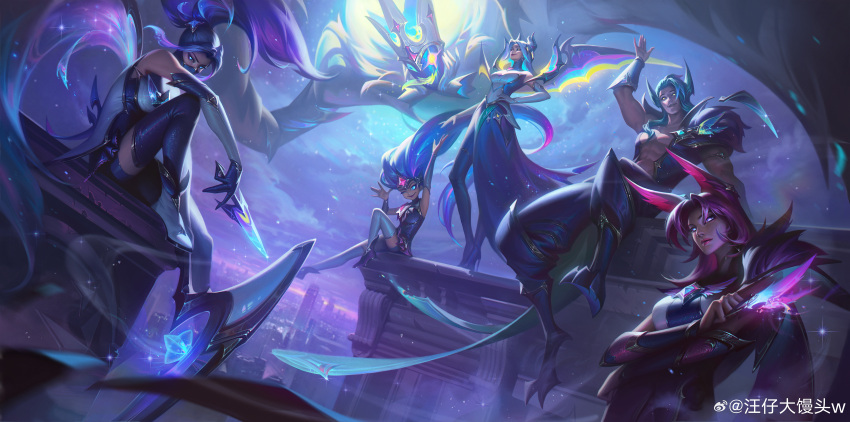 1boy, 1other, 4girls, absurdres, akali, animal_ears, arm_up, black_gloves