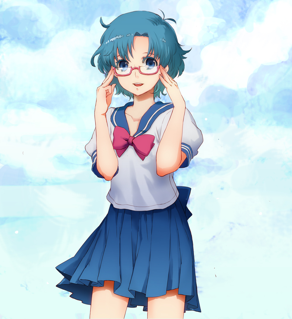 adjusting_glasses, aino_minako, asababa_kure, bad_id, bishoujo_senshi_sailor_moon, blue_eyes, blue_hair, cloud, glasses, half_rim_glasses, magical_girl, mizuno_ami, nodoka_glasses, open_mouth, pink-framed_glasses, red-framed_glasses, sailor_mercury, school_uniform, seifuku, semi-rimless_glasses, short_hair, sky, solo, teeth, thighs, tongue, under-rim_glasses