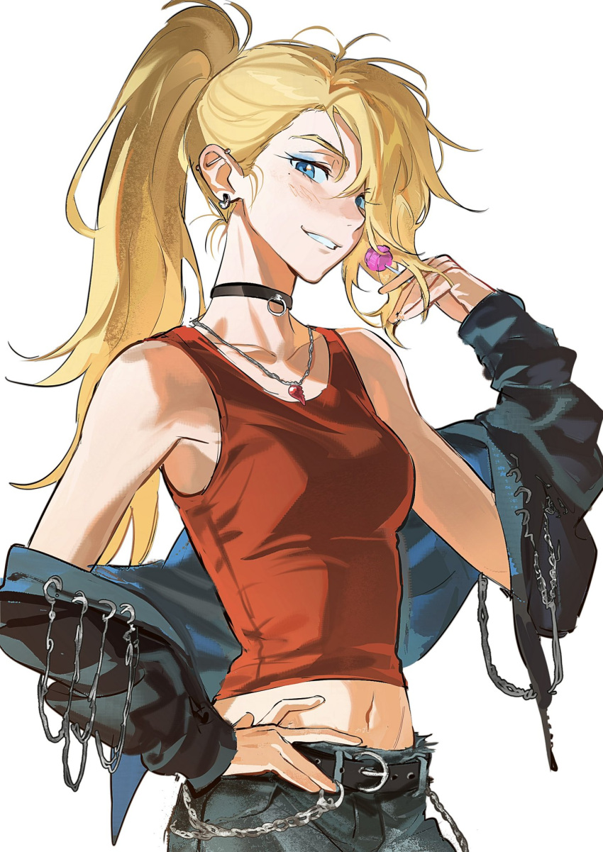 1girl, alternate_costume, amphibia, blonde_hair, blue_eyes, blue_eyeshadow, candy, chain, choker, collarbone, denim, ear_piercing, earrings, eyeshadow, food, high_ponytail, highres, holding, holding_candy, holding_food, holding_lollipop, jewelry, jocy3, lollipop, long_hair, looking_at_viewer, makeup, midriff, navel, necklace, off-shoulder_jacket, off_shoulder, piercing, ponytail, sasha_waybright, smile, tank_top
