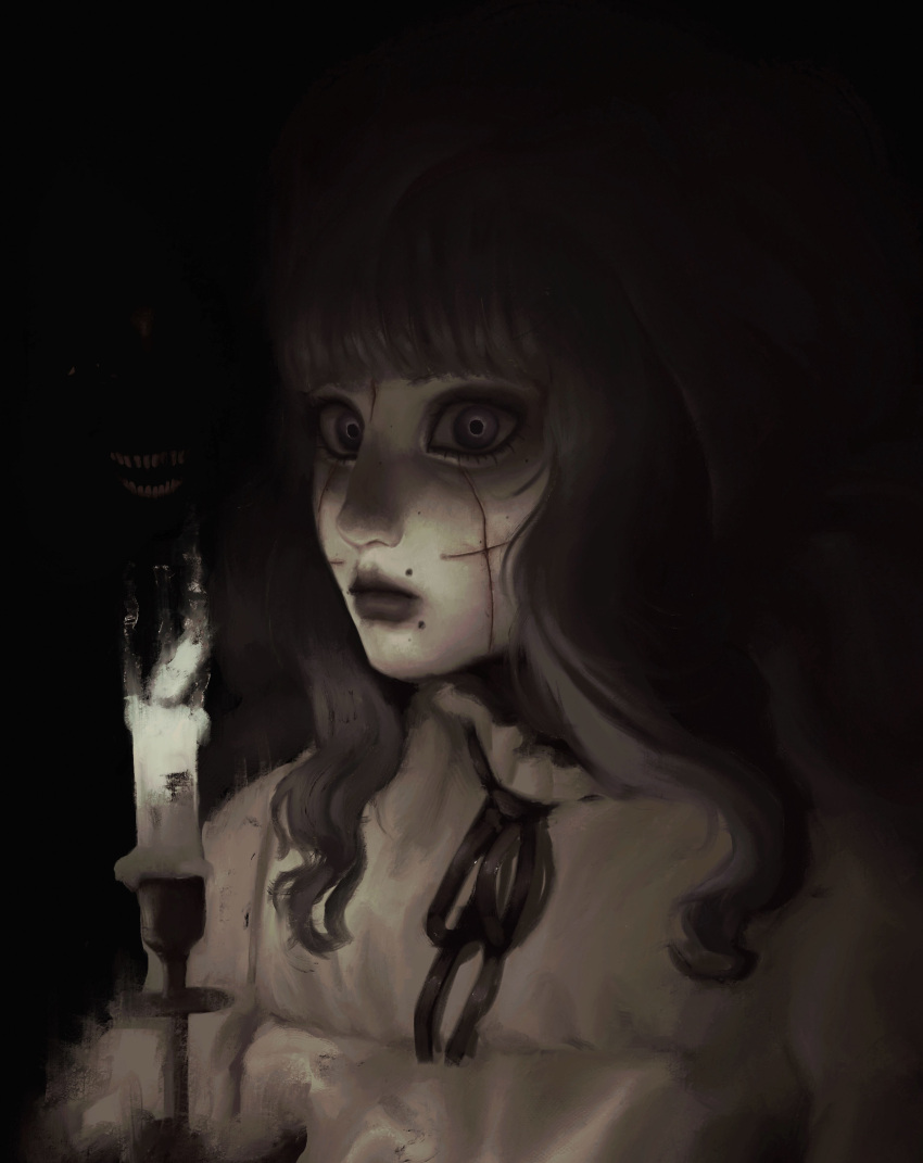 2girls, absurdres, black_lips, candlestand, chiaroscuro, commentary, cross_scar, dark, dysmorphia_(fear_&amp;_hunger), fear_&amp;_hunger_(series), fear_&amp;_hunger_2:_termina, highres, marina_(fear_&amp;_hunger), miurp, multiple_girls, pale_skin, portrait, scar, scar_on_cheek, scar_on_face, solo_focus, wavy_hair