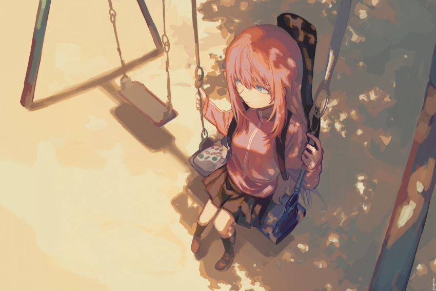 1girl, black_socks, blue_eyes, bocchi_the_rock!, breasts, brown_shoes, cube_hair_ornament, from_above, full_body, gotoh_hitori, guitar, guitar_case, hair_between_eyes, hair_ornament, highres, instrument, instrument_case, jacket, large_breasts, light_rays, long_hair, looking_to_the_side, miniskirt, on_swing, outdoors, park, pink_hair, pink_jacket, pleated_skirt, shoes, sitting, skirt, socks, swing, track_jacket, yuugurin