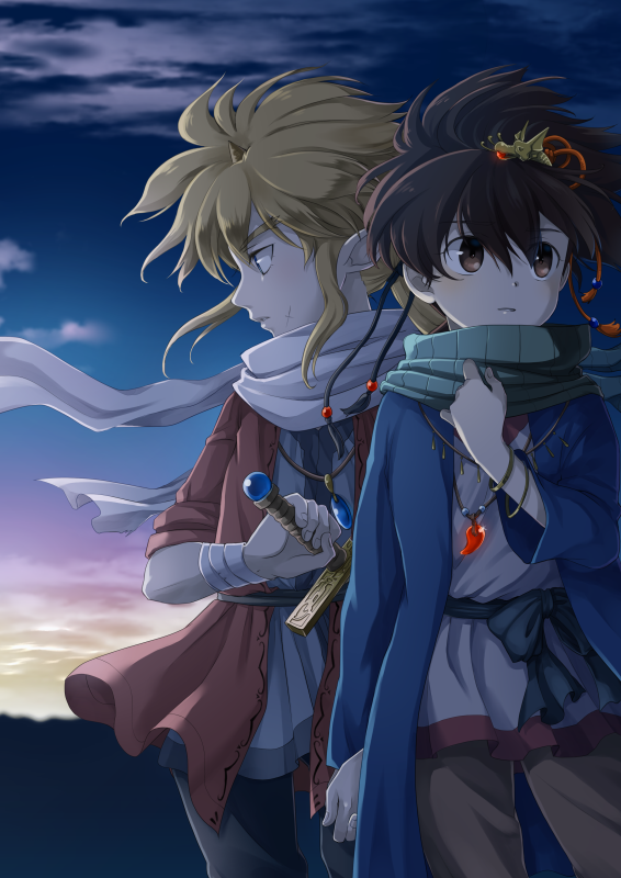 2boys, black_hair, black_pants, brown_eyes, brown_hair, brown_pants, chigayasan, clouds