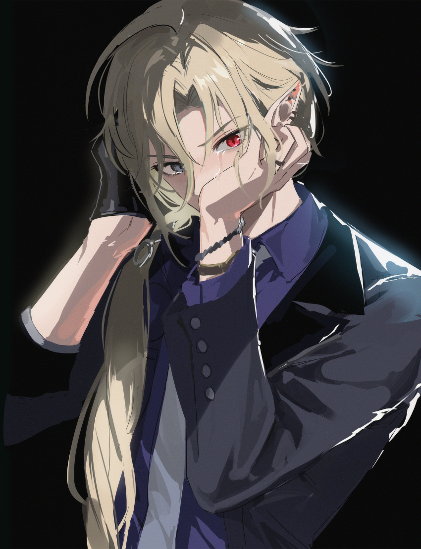 1boy, absurdres, black_background, black_gloves, black_jacket, blonde_hair, collared_shirt, crying