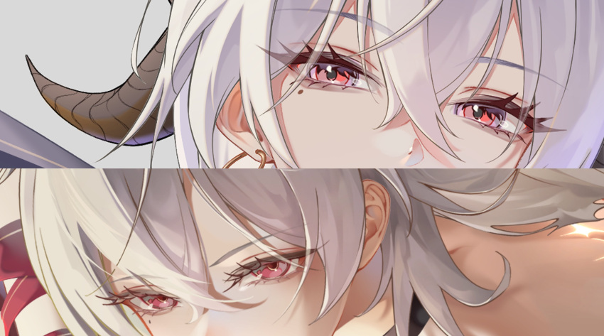 1girl, absurdres, black_choker, black_horns, chigusa7h, choker, column_lineup, commentary_request