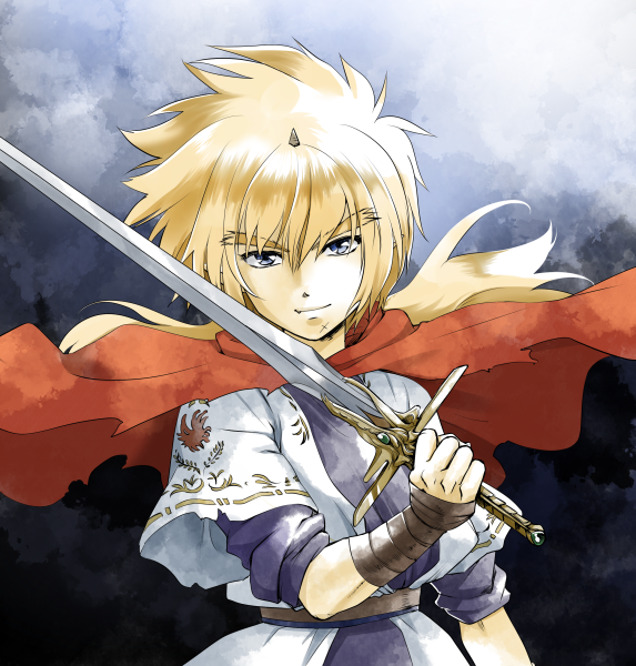 1boy, belt, black_background, black_eyes, blonde_hair, cape, chigayasan, closed_mouth