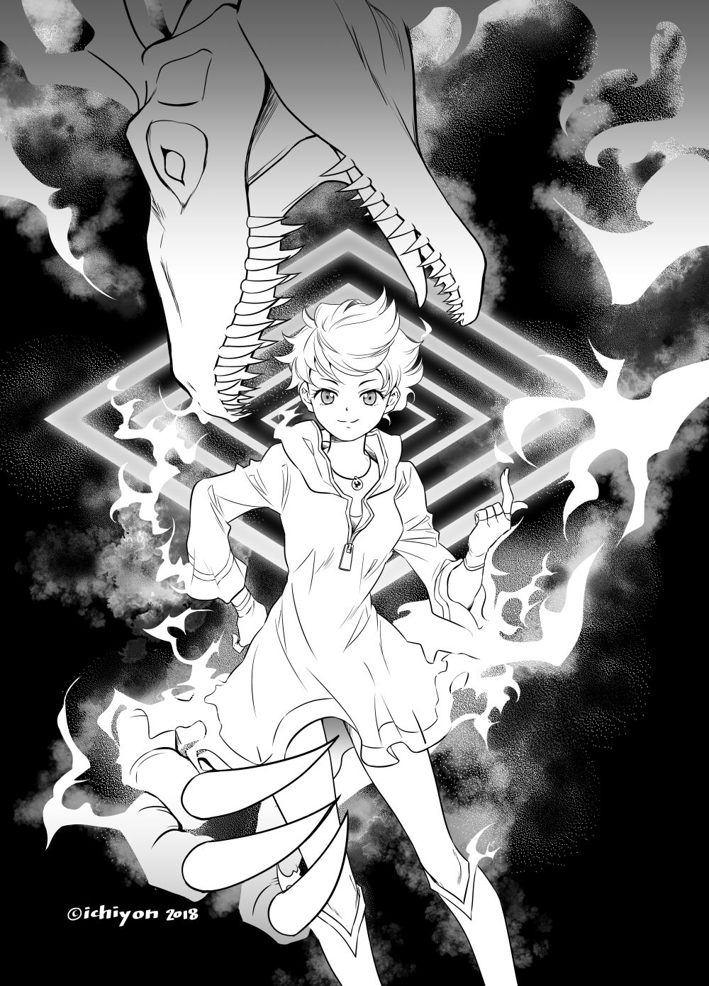 1girl, boots, claws, commentary_request, dinosaur, eyelashes, feet_out_of_frame, fire