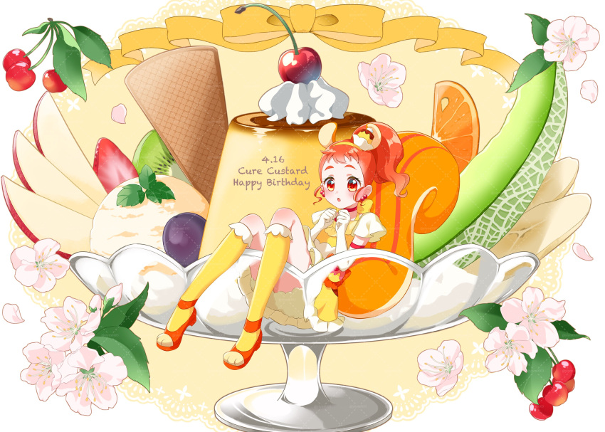 1girl, :o, absurdres, animal_ears, apple, apple_slice, arisugawa_himari, bloomers, blush, character_name, cherry, choker, cup, cure_custard, dated, dress, elbow_gloves, flat_chest, flower, food, frilled_dress, frills, fruit, gloves, grapes, happy_birthday, high_ponytail, highres, kirakira_precure_a_la_mode, kiwi_(fruit), kiwi_slice, kneehighs, large_tail, magical_girl, medium_hair, melon, mini_person, minigirl, orange_(fruit), orange_hair, orange_shoes, orange_slice, paw_shoes, pear, pear_slice, ponytail, precure, pudding, pudding_hair_ornament, reclining, red_eyes, shoes, short_bangs, short_sleeves, sidelocks, simple_background, socks, solo, squirrel_ears, squirrel_girl, squirrel_tail, strappy_heels, strawberry, strawberry_slice, tail, whipped_cream, white_background, white_gloves, yellow_dress, yellow_socks, youyi_(yui010321)