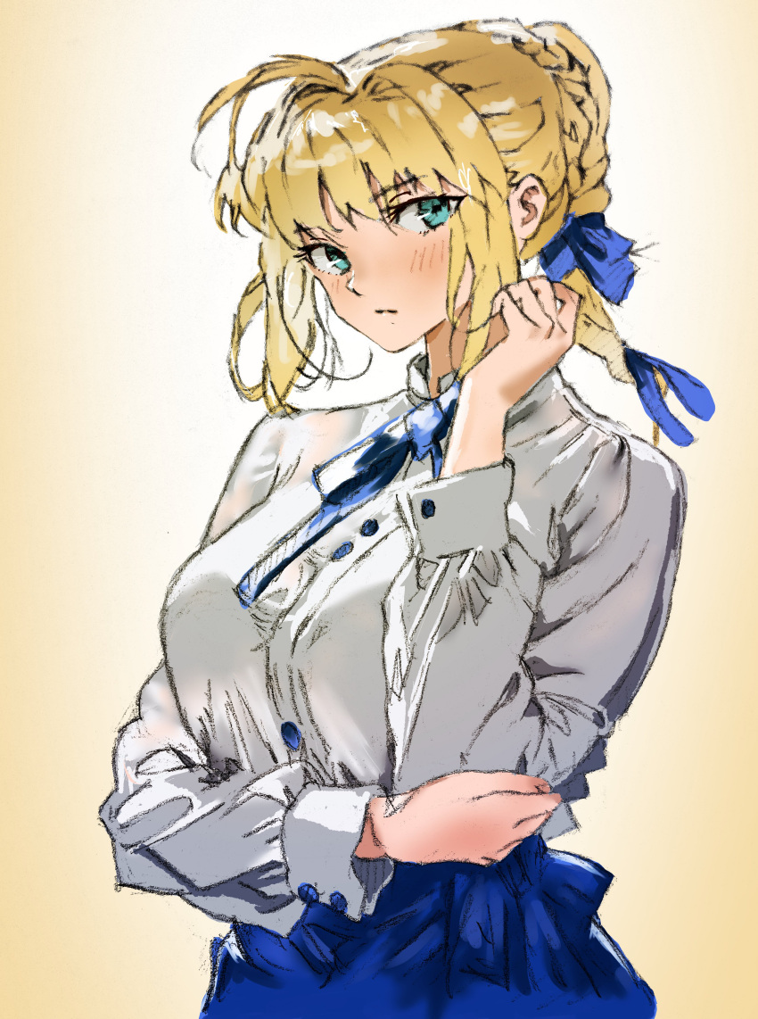 1girl, absurdres, artoria_pendragon_(fate), blonde_hair, blue_ribbon, blue_skirt, fate/stay_night, fate_(series)