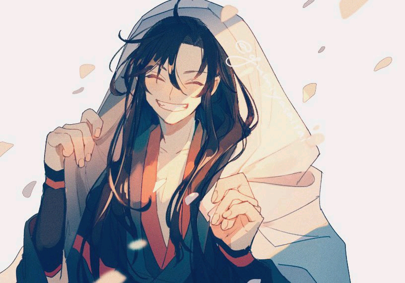 1boy, ^_^, ahoge, alternate_hairstyle, black_hair, black_hanfu, blush, chinese_clothes, closed_eyes, collarbone, facing_viewer, falling_petals, grin, gumiyasaisai, hair_down, hands_up, hanfu, holding, holding_towel, long_hair, long_sleeves, male_focus, modao_zushi, petals, simple_background, smile, solo, teeth, third-party_source, towel, towel_on_head, twitter_username, upper_body, wei_wuxian, white_background