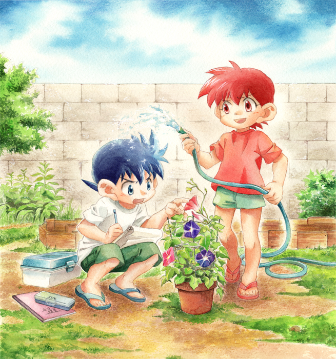 2boys, bakusou_kyoudai_let's_&amp;_go!!, black_hair, blue_eyes, blue_flower, brothers, commentary_request, day