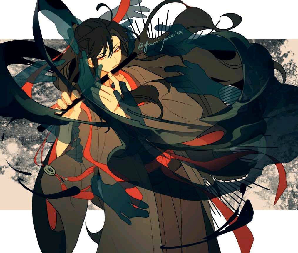 1boy, ahoge, black_hair, black_hanfu, chinese_clothes, closed_mouth, coat, disembodied_hand, dizi, flute, ghost, grey_coat, gumiyasaisai, hair_down, hair_ribbon, half_updo, hanfu, holding, holding_flute, holding_instrument, instrument, long_hair, long_sleeves, looking_at_viewer, male_focus, modao_zushi, official_alternate_costume, official_alternate_hairstyle, playing_flute, red_eyes, red_ribbon, red_sash, ribbon, robe, sash, solo, standing, tassel, third-party_source, transverse_flute, twitter_username, wei_wuxian, wei_wuxian_(yiling_laozu), wide_sleeves