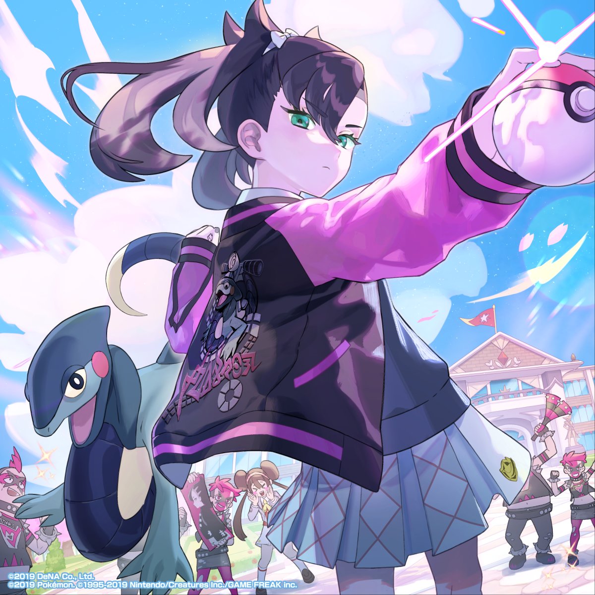 >_<, 2boys, 4girls, artist_request, asymmetrical_bangs, belt, black_hair, black_nails