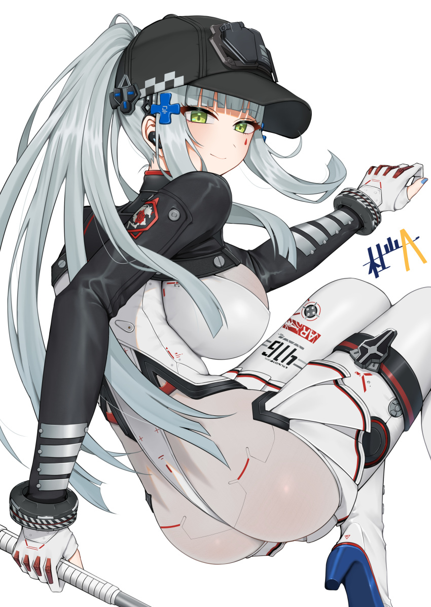 1girl, 416_day, absurdres, arm_behind_back, blush, bodysuit, boots, breasts