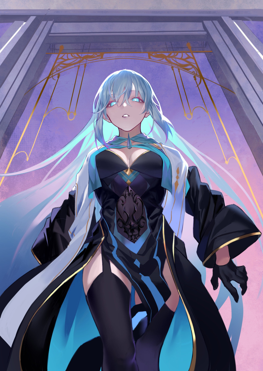 1girl, absurdres, black_dress, black_gloves, black_thighhighs, blue_eyes, dress, fate/grand_order
