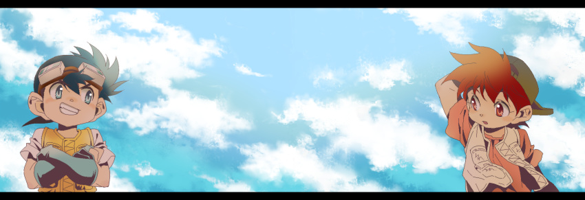 2boys, backwards_hat, bakusou_kyoudai_let's_&amp;_go!!, black_hair, blue_sky, brown_eyes, brown_hair, clouds
