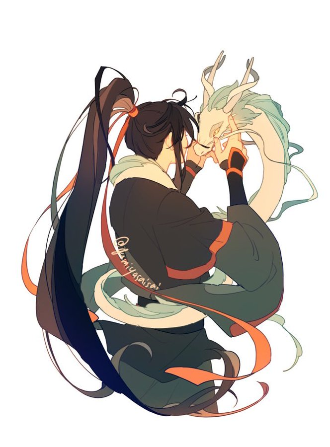 1boy, animal, animalization, black_hair, black_hanfu, chinese_clothes, dragon, eastern_dragon