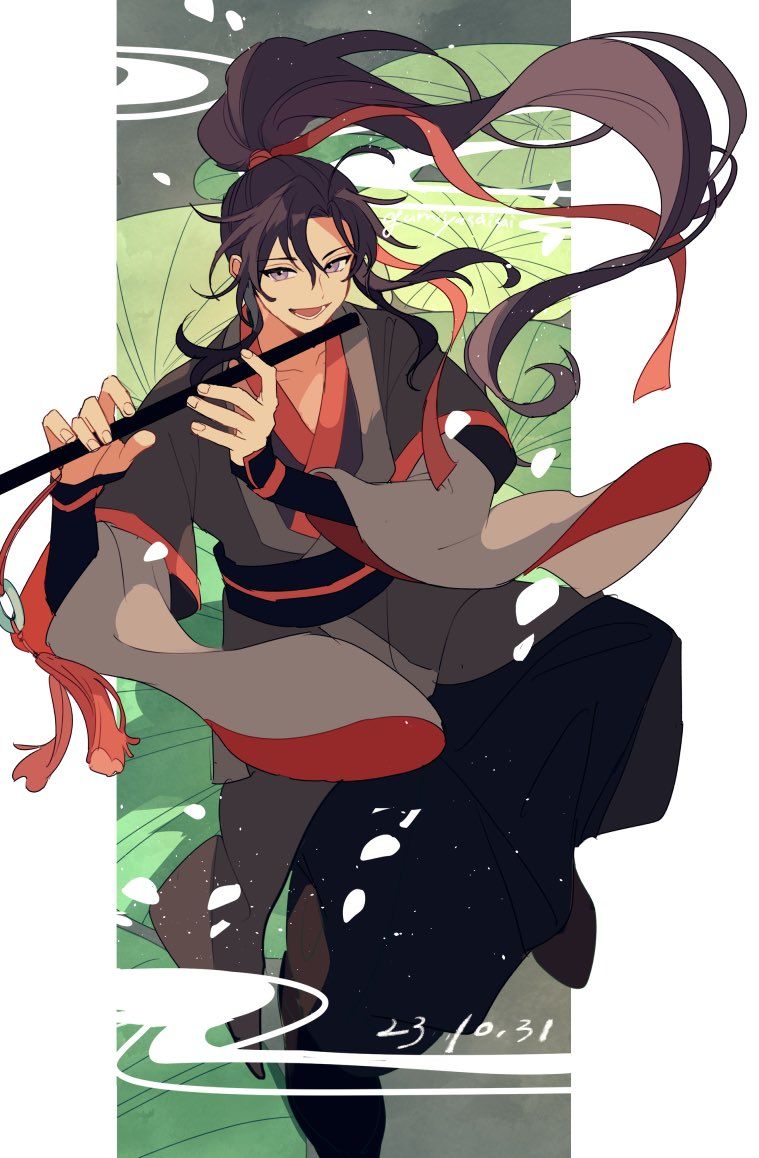 1boy, black_hair, black_hanfu, chinese_clothes, dizi, floating_hair, flute, full_body