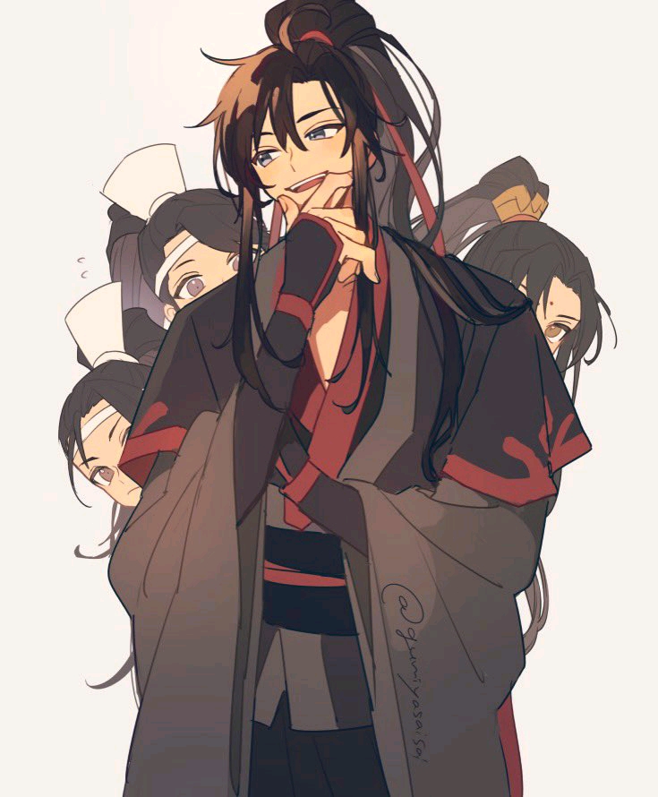 4boys, behind_another, black_hair, black_hanfu, black_robe, brown_eyes, chinese_clothes, covered_mouth