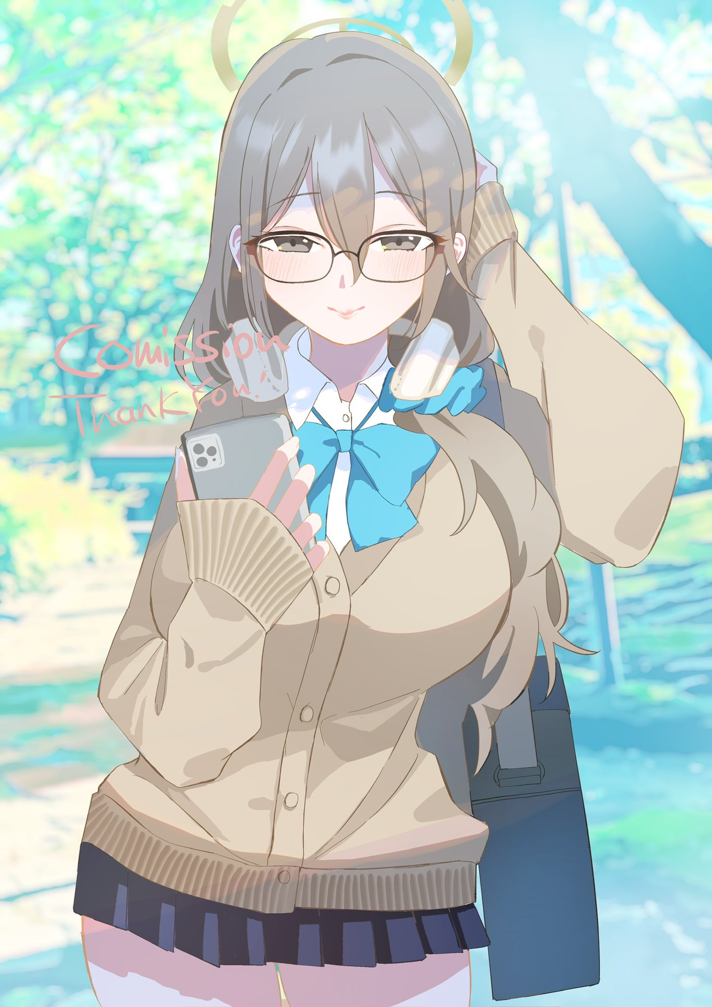 1girl, akane_(blue_archive), akane_(school_uniform)_(blue_archive), bag, blue_archive, breasts, brown_eyes, brown_hair, cardigan, commentary_request, glasses, hair_between_eyes, halo, headphones, highres, holding, holding_phone, large_breasts, looking_at_viewer, naokorin_ch, neck_ribbon, park, phone, pleated_skirt, ribbon, school_bag, shirt, skirt, smile, white_shirt