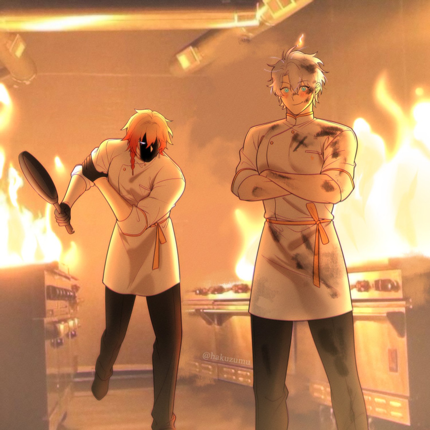2boys, black_gloves, black_pants, blue_eyes, burning, chef, coat, dirty