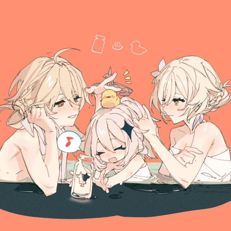 1boy, 2girls, aether_(genshin_impact), ahoge, animal_on_head, bare_shoulders, bird, blonde_hair, bottle, brother_and_sister, bun_with_braided_base, coctokanizitoka, duck, flower, genshin_impact, hair_flower, hair_ornament, halo, hand_in_another's_hair, lumine_(genshin_impact), milk_bottle, multiple_girls, musical_note, naked_towel, on_head, onsen, orange_background, paimon_(genshin_impact), siblings, spoken_musical_note, towel, upper_body, water, white_hair