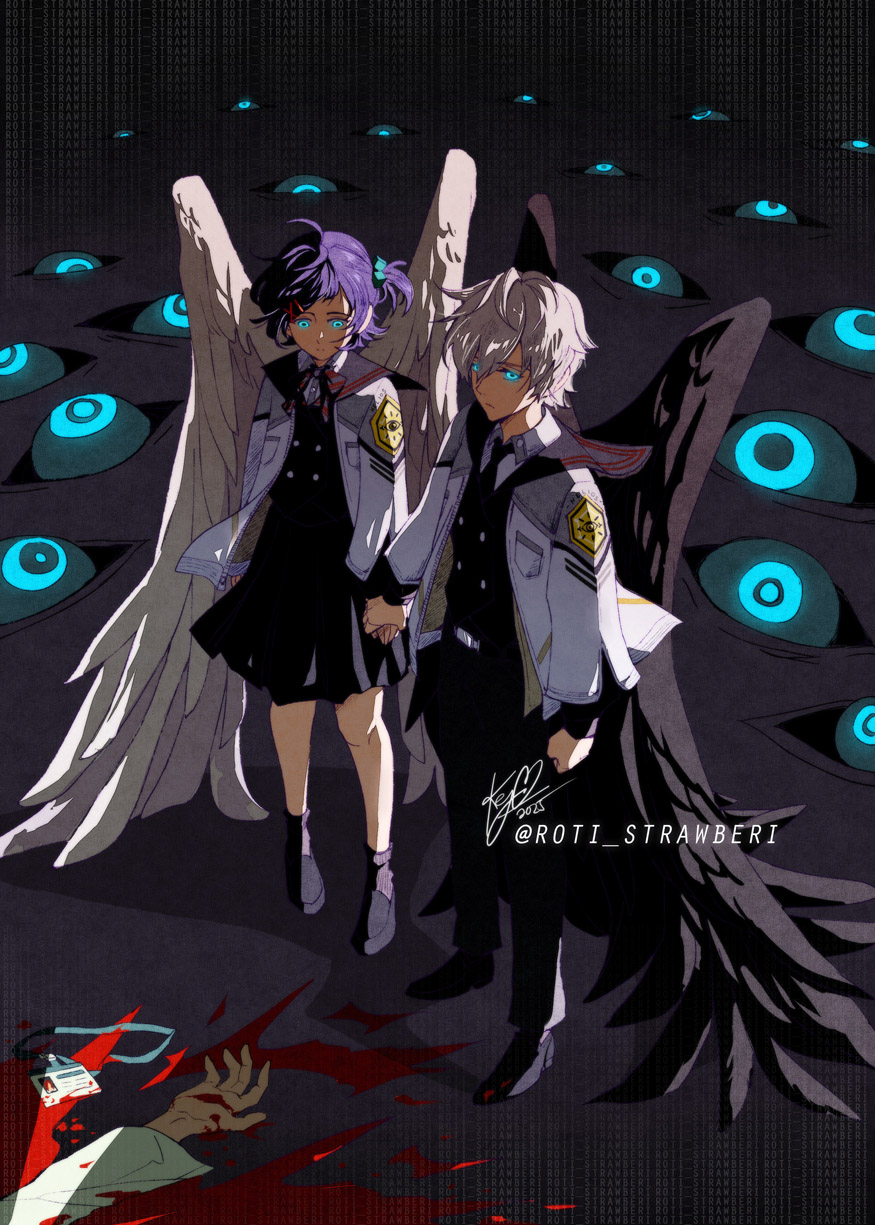 1boy, 1girl, aged_down, artist_name, belle_(zenless_zone_zero), black_pants, black_skirt, black_vest
