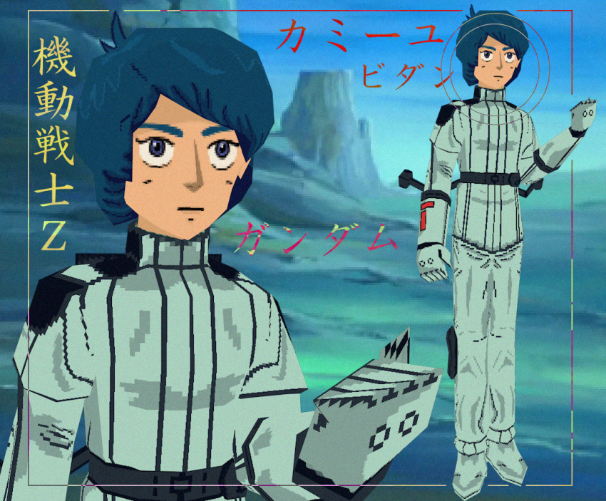 1boy, 3d, ashleyy69, blue_eyes, blue_hair, clenched_hand, closed_mouth, gundam