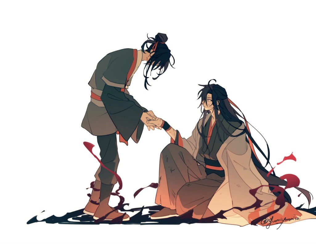 2boys, ahoge, black_hair, black_hanfu, black_pants, black_robe, chinese_clothes, closed_eyes