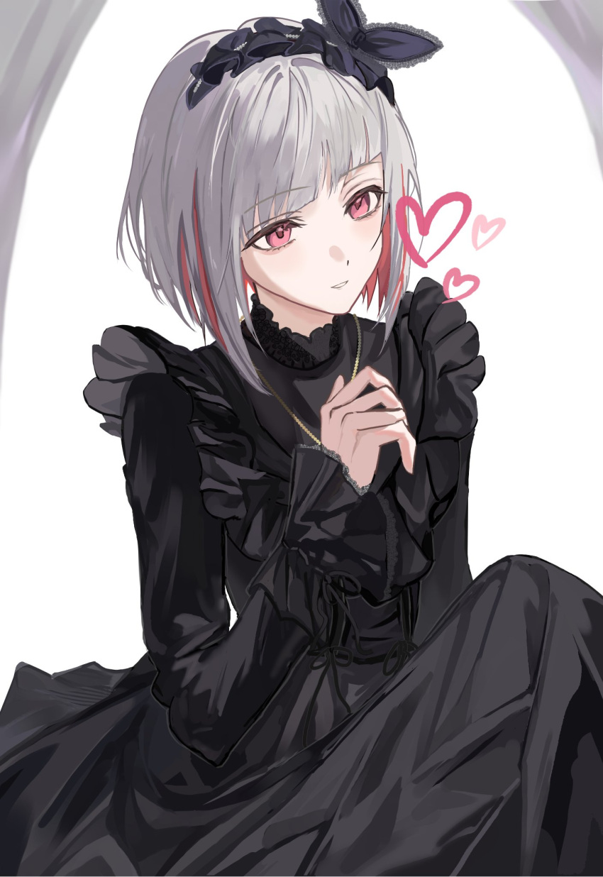 1girl, black_dress, commentary_request, commission, dress, frilled_dress, frills, grey_hair