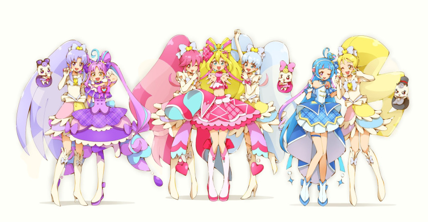 6+girls, :d, ahoge, aino_megumi, ankle_boots, aokaze_nana, blonde_hair, blue_dress