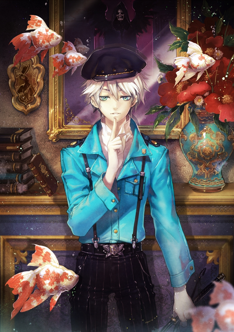 black_wings, blue_eyes, book, bubble, finger_to_mouth, fish, flower, goldfish