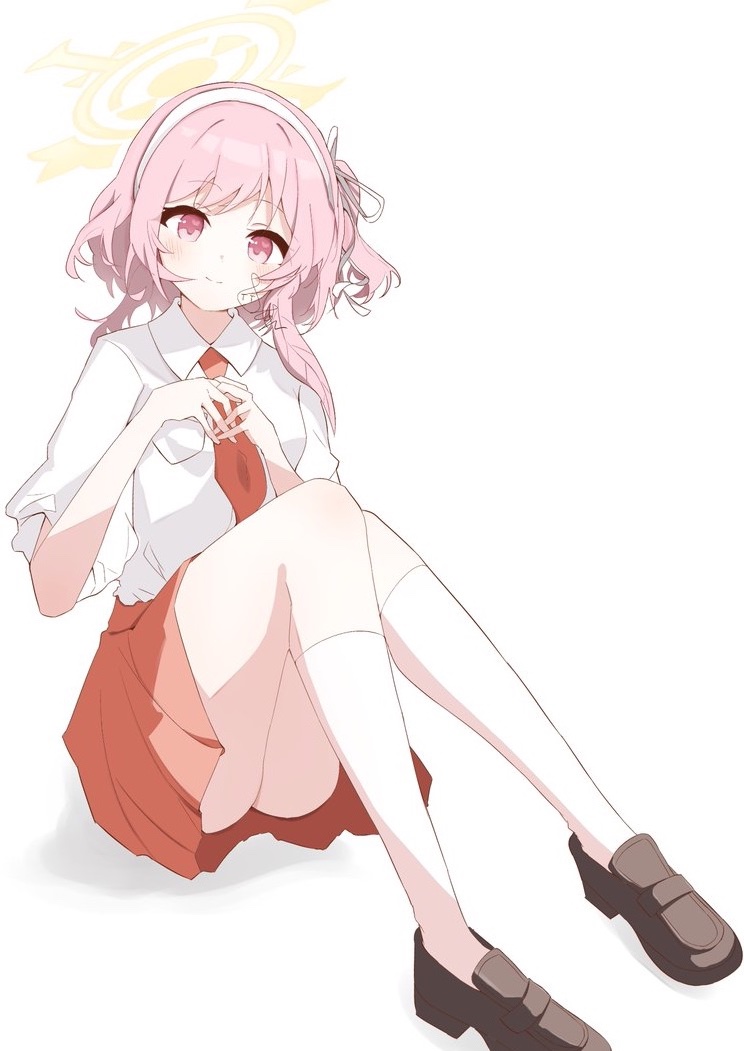 1girl, blue_archive, blush, brown_shoes, hairband, halo, necktie, pink_eyes