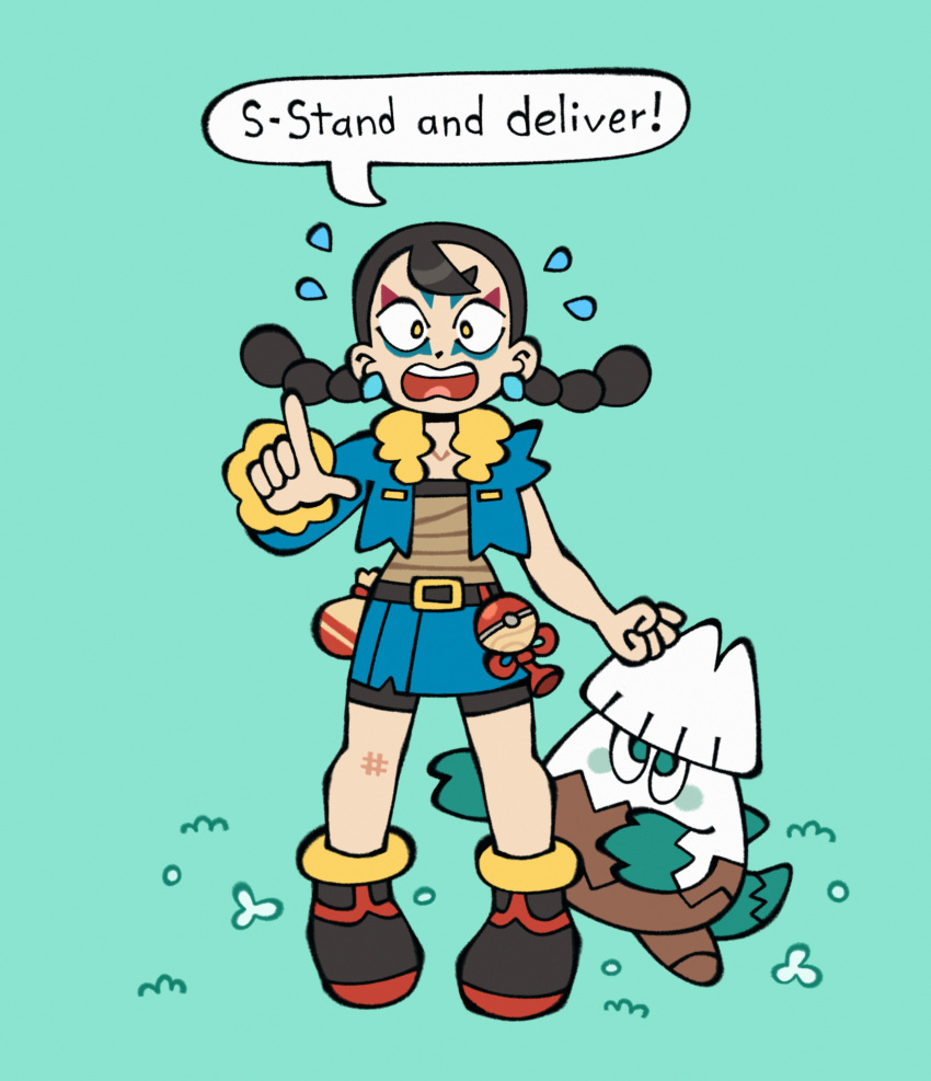 1girl, absurdres, bike_shorts, bike_shorts_under_skirt, billspooks, black_boots, black_shorts, blue_background