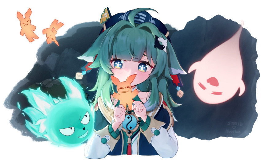 1girl, absurdres, ahoge, animal_ear_piercing, animal_ears, anya's_heh_face_(meme), boo_tao_(genshin_impact), covering_own_mouth