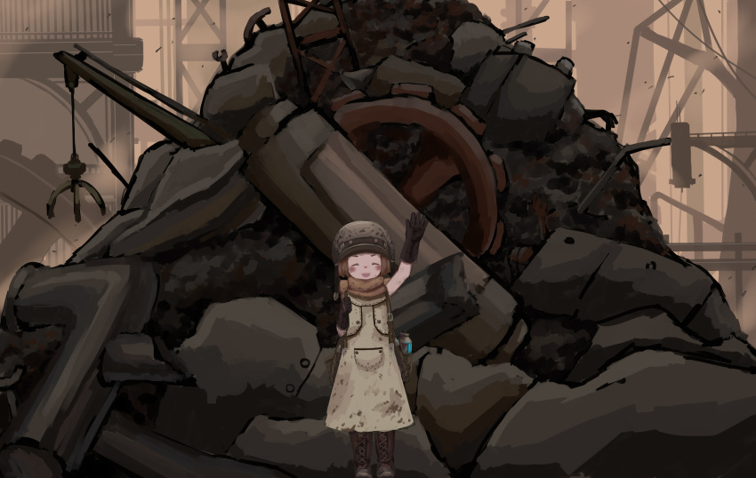 1girl, absurdres, arm_up, black_gloves, brown_dress, brown_hair, brown_scarf, closed_eyes, dress, ender_lilies_quietus_of_the_knights, ender_magnolia_bloom_in_the_mist, gloves, helmet, highres, junk, junkyard, levy_(ender_magnolia), pile, scarf, shengxidawn, short_hair, solo