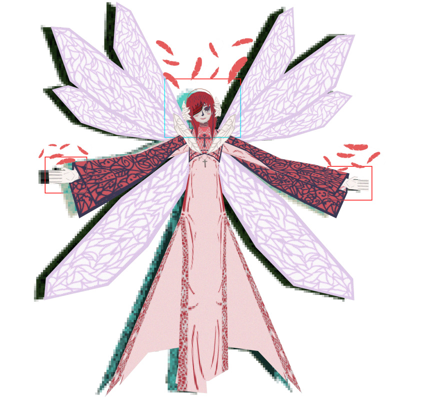 3d, absurdres, angel, archangel_(killer7), ashleyy69, bandage_over_one_eye, butterfly_wings, cross, dress, feathers, gloves, halo, highres, insect_wings, killer7, long_dress, low_poly, non-web_source, white_gloves, wings