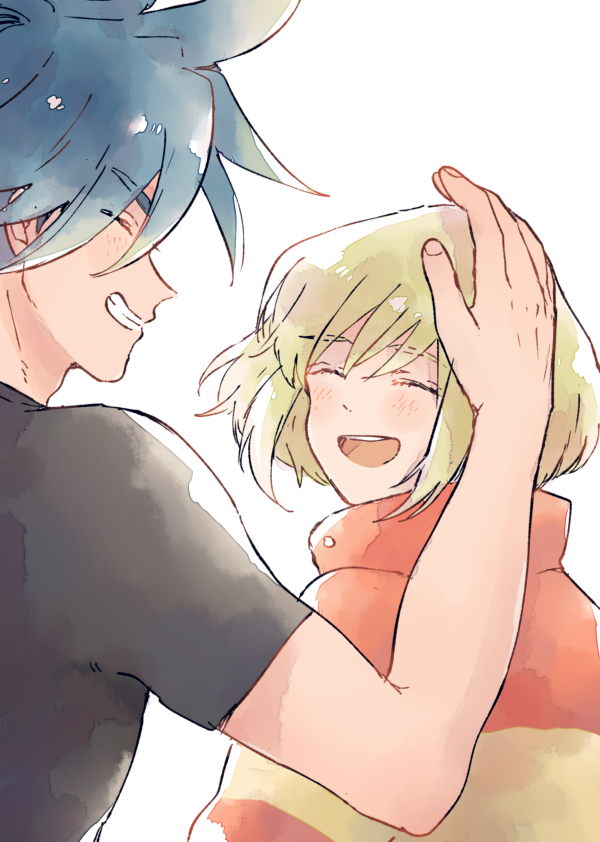 2boys, arm_up, black_shirt, blue_hair, blush, closed_eyes, commentary_request, dot_nose