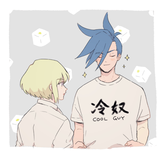 2boys, blonde_hair, blue_hair, border, closed_eyes, closed_mouth, collared_shirt, commentary_request